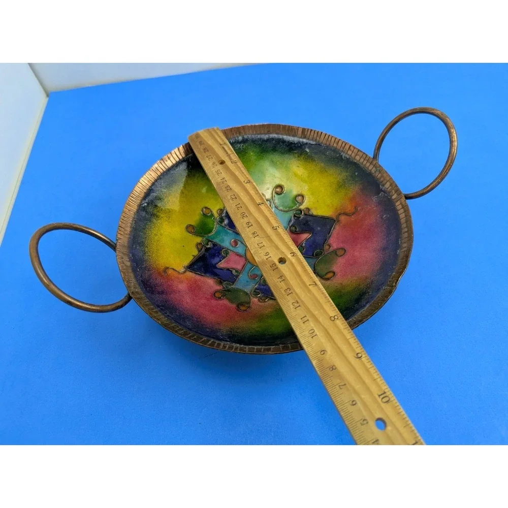 Vtg Indian Copper Brass Platter Prayer Colorful Enamel Bowl Platter Boho Handles